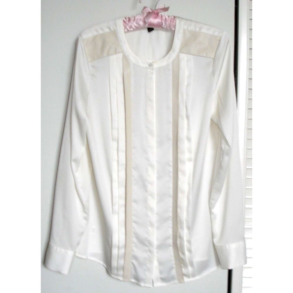 Ann Taylor Ivory Blouse Embellished w/ Faux Leather patches Long Sleeve Size 4